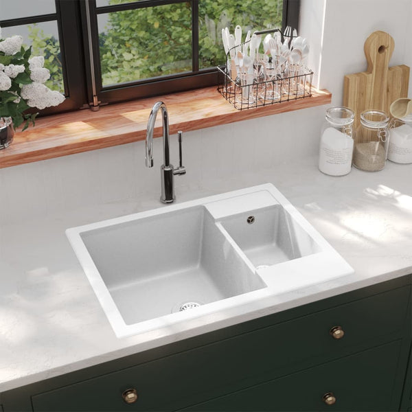 Küchenspüle mit Überlauf Doppelbecken Weiß Granit