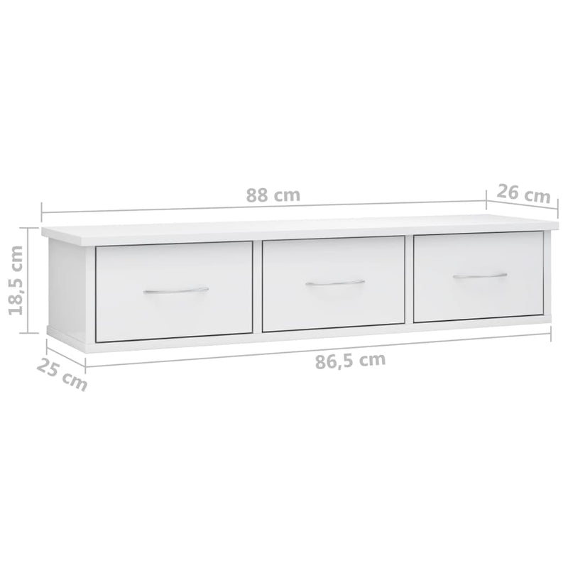 Wand-Schubladenregal Hochglanz-Weiß 88x26x18,5 cm Holzwerkstoff