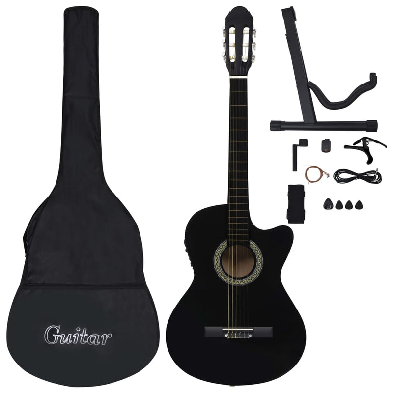 12-tlg. Western Gitarren-Set mit Equalizer und 6 Saiten Schwarz