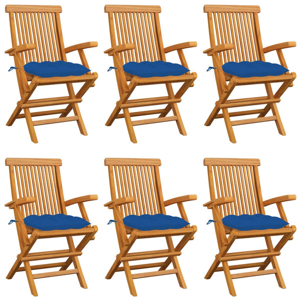 Gartenstühle mit Blauen Kissen 6 Stk. Massivholz Teak