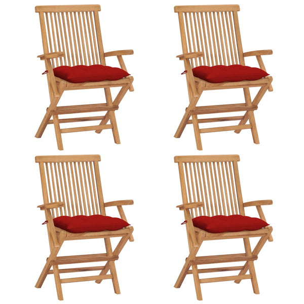 Gartenstühle mit Roten Kissen 4 Stk. Massivholz Teak