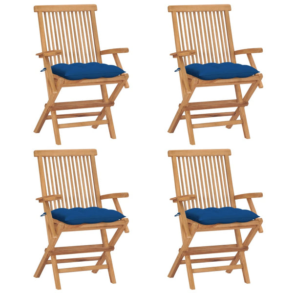 Gartenstühle mit Blauen Kissen 4 Stk. Massivholz Teak