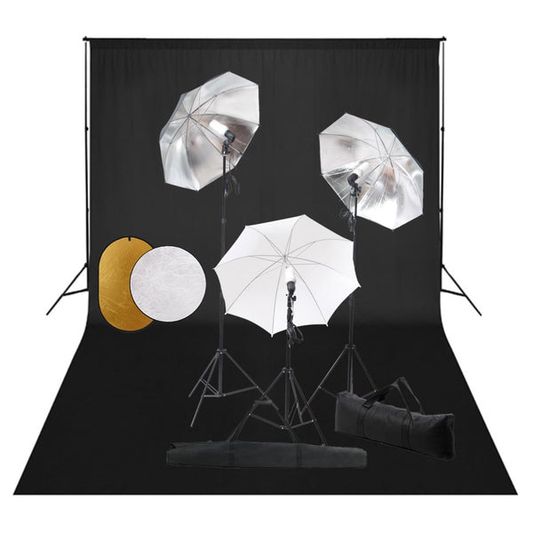 Fotostudio-Set mit Leuchten, Schirmen, Hintergrund, Reflektor