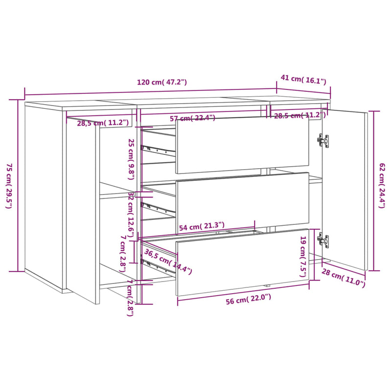 Sideboard mit 3 Schubladen Braun Eiche 120x41x75 cm