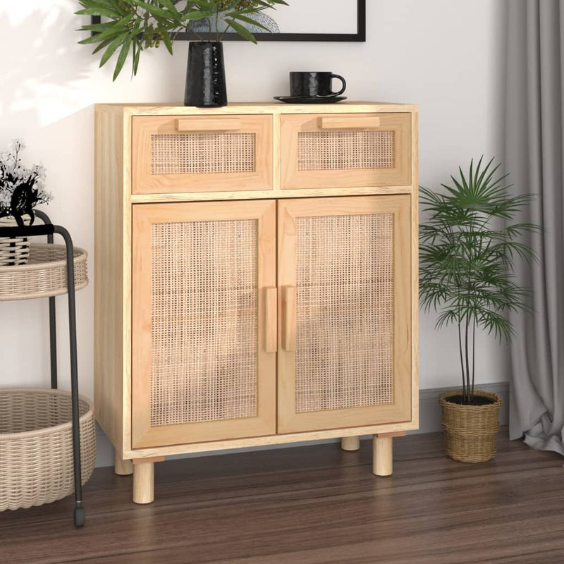 Sideboard Braun 60x30x75 cm Massivholz Kiefer und Natur-Rattan