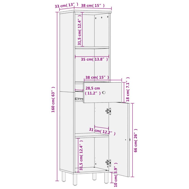 Badschrank Schwarz 38x33x160 cm Massivholz Mango