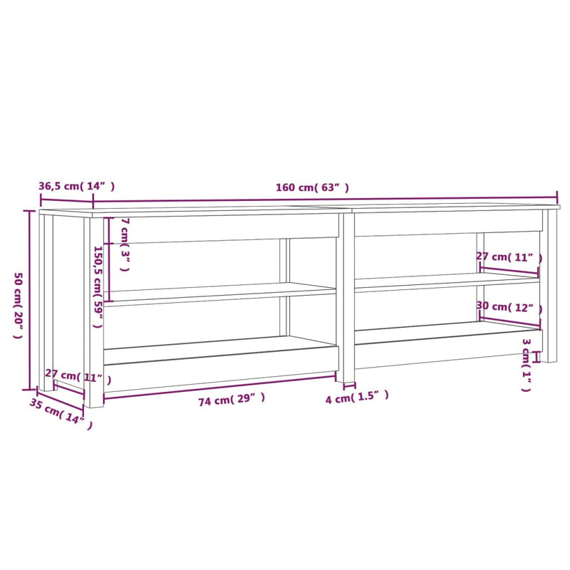 Schuhbank 160x36,5x50 cm Massivholz Kiefer