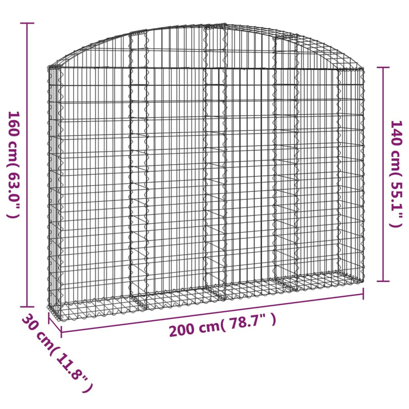 Gabione mit Hochbogen 200x30x140/160 cm Verzinktes Eisen