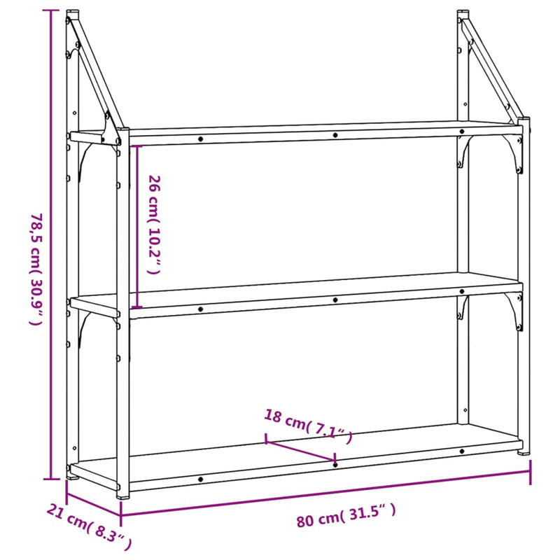 Wandregal 3 Fächer Grau Sonoma 80x21x78,5 cm Holzwerkstoff