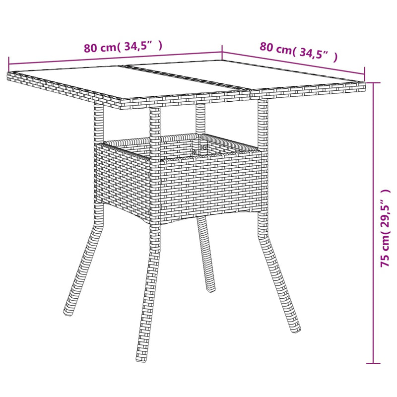 Gartentisch mit Glasplatte Braun 80x80x75 cm Poly Rattan