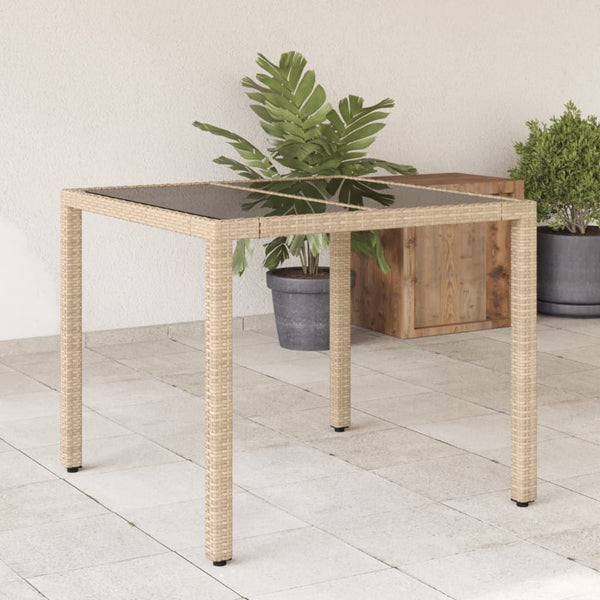 Gartentisch mit Glasplatte Beige 90x90x75 cm Poly Rattan