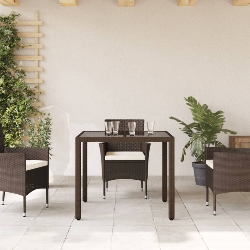 Gartentisch mit Glasplatte Braun 90x90x75 cm Poly Rattan