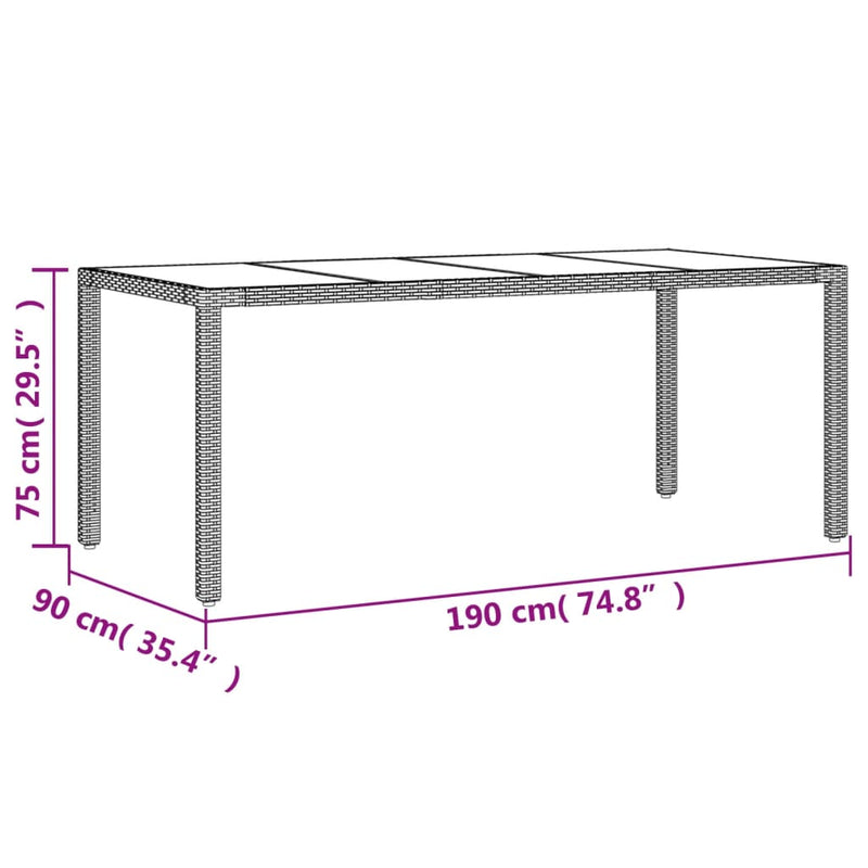 Gartentisch mit Glasplatte Braun 190x90x75 cm Poly Rattan