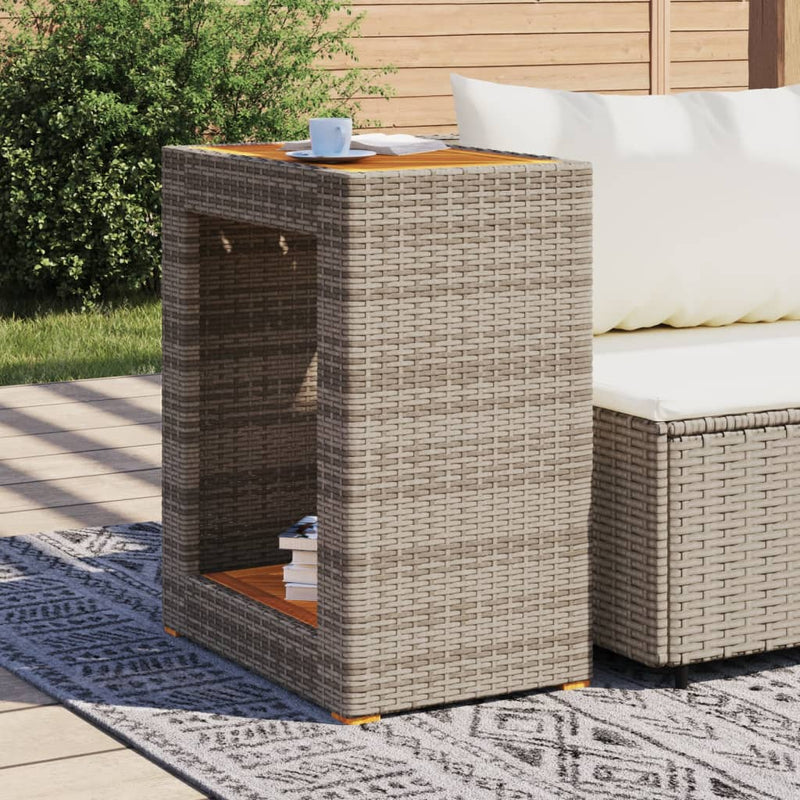 Garten-Beistelltisch mit Holzplatte Grau 60x40x75cm Poly Rattan