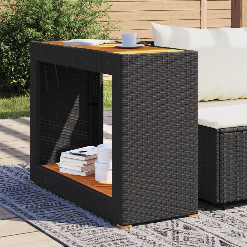 Garten-Beistelltisch mit Holzplatte Schwarz Poly Rattan