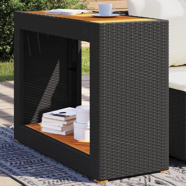 Garten-Beistelltisch mit Holzplatte Schwarz Poly Rattan