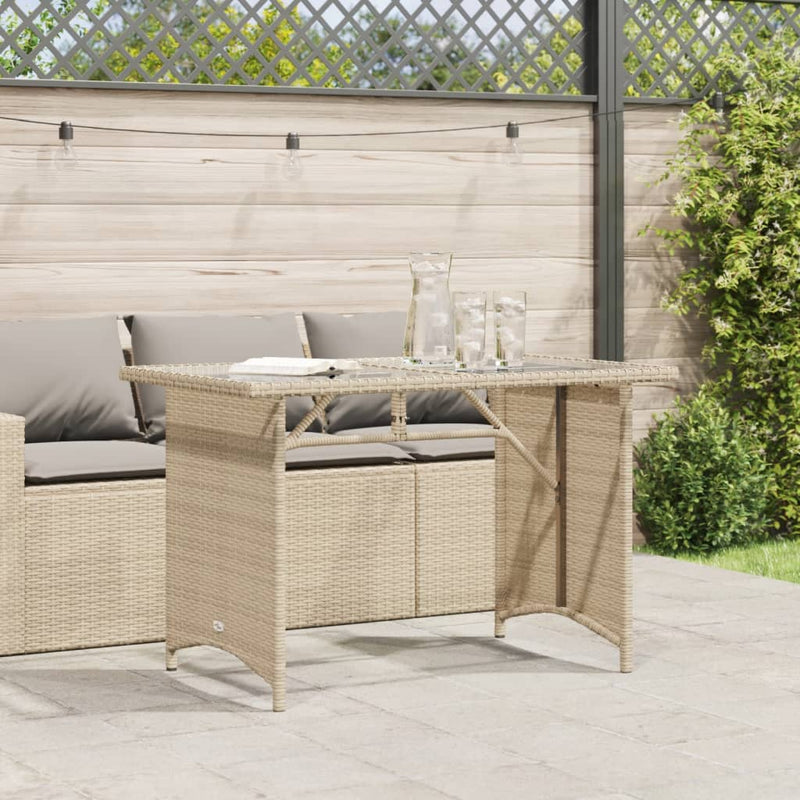 Gartentisch mit Glasplatte Beige 110x68x70 cm Poly Rattan