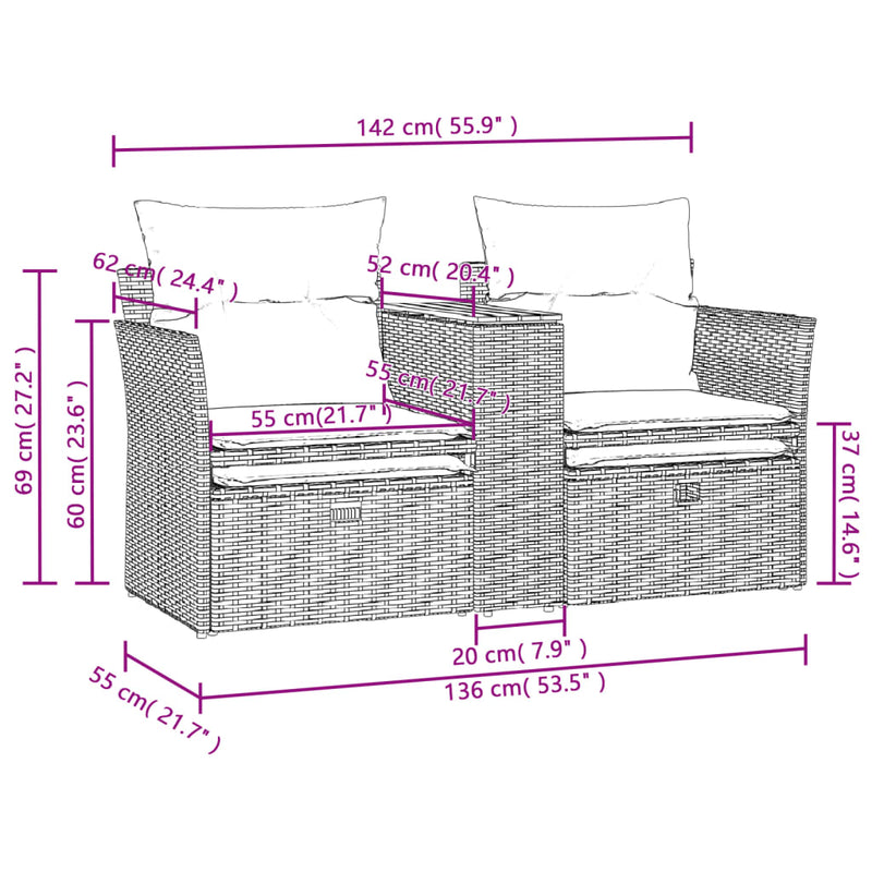 Gartensofa 2-Sitzer mit Hockern Beige Poly Rattan