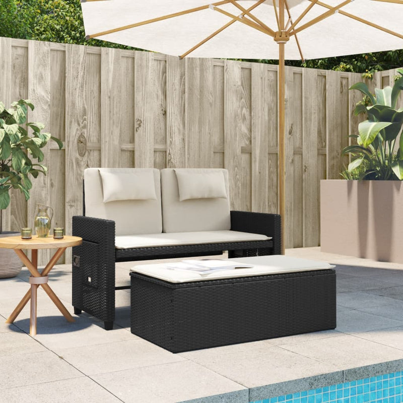 Gartenbank Verstellbar mit Kissen Schwarz Poly Rattan