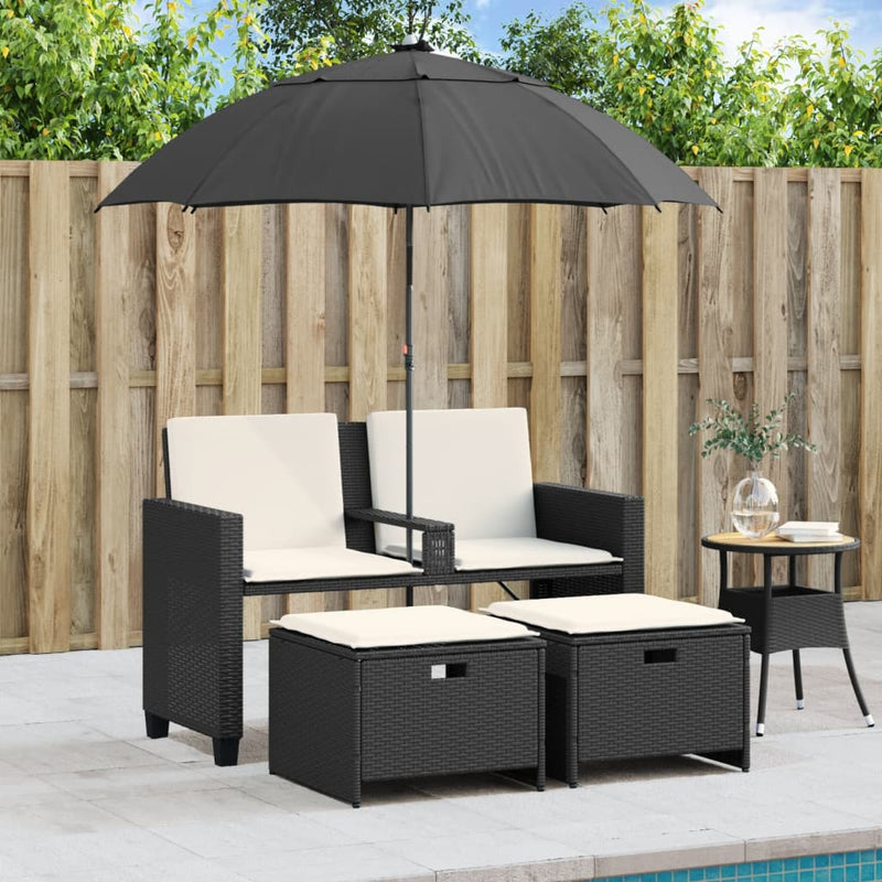 Gartensofa 2-Sitzer Sonnenschirm und Hocker Schwarz Poly-Rattan