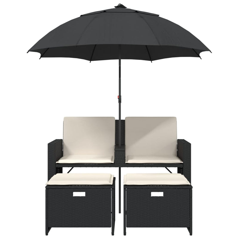 Gartensofa 2-Sitzer Sonnenschirm und Hocker Schwarz Poly-Rattan