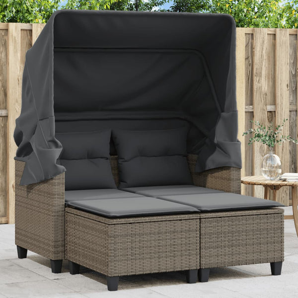 Gartensofa 2-Sitzer mit Dach und Hockern Grau Poly Rattan