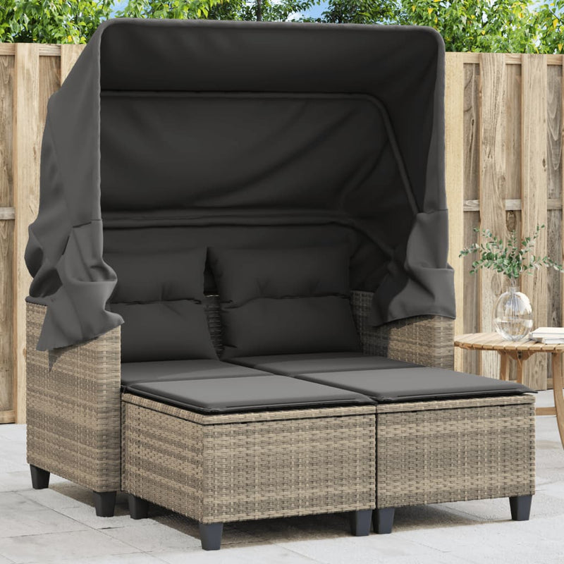 Gartensofa 2-Sitzer mit Dach und Hockern Hellgrau Poly Rattan