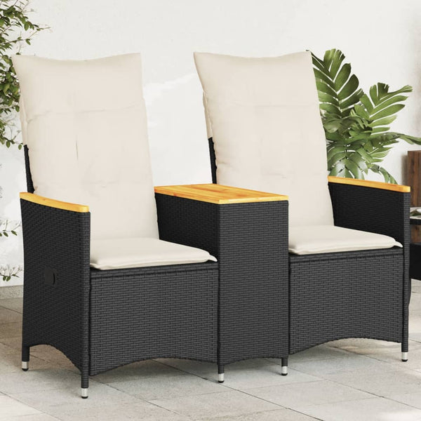 Gartensofa 2-Sitzer Verstellbar mit Tisch Schwarz Poly Rattan