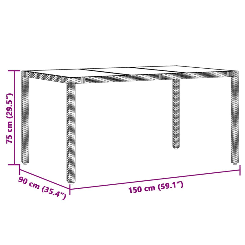 Gartentisch mit Glasplatte Grau 150x90x75 cm Poly Rattan