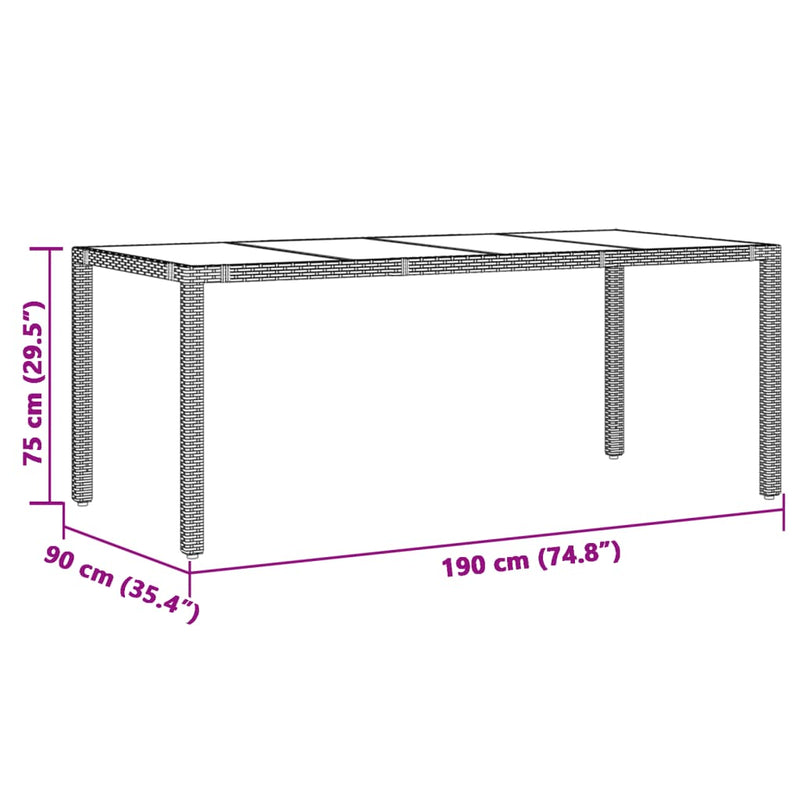 Gartentisch mit Glasplatte Grau 190x90x75 cm Poly Rattan