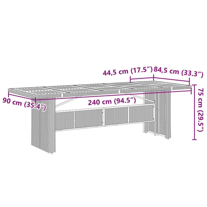 Gartentisch mit Glasplatte Grau 240x90x75 cm Poly Rattan