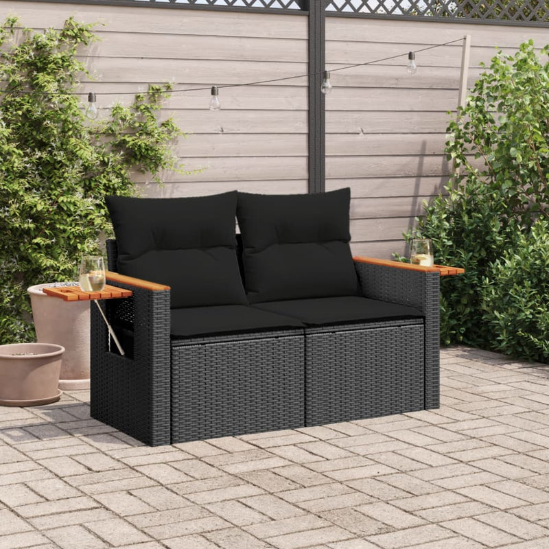 Gartensofa mit Kissen 2-Sitzer Schwarz Poly Rattan