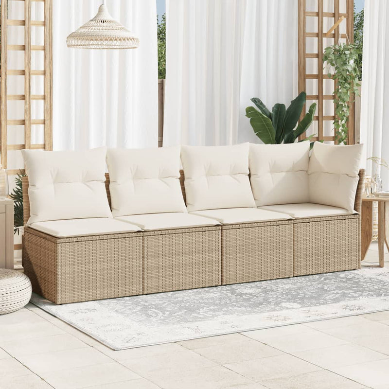 Gartensofa mit Kissen 4-Sitzer Beige Poly Rattan