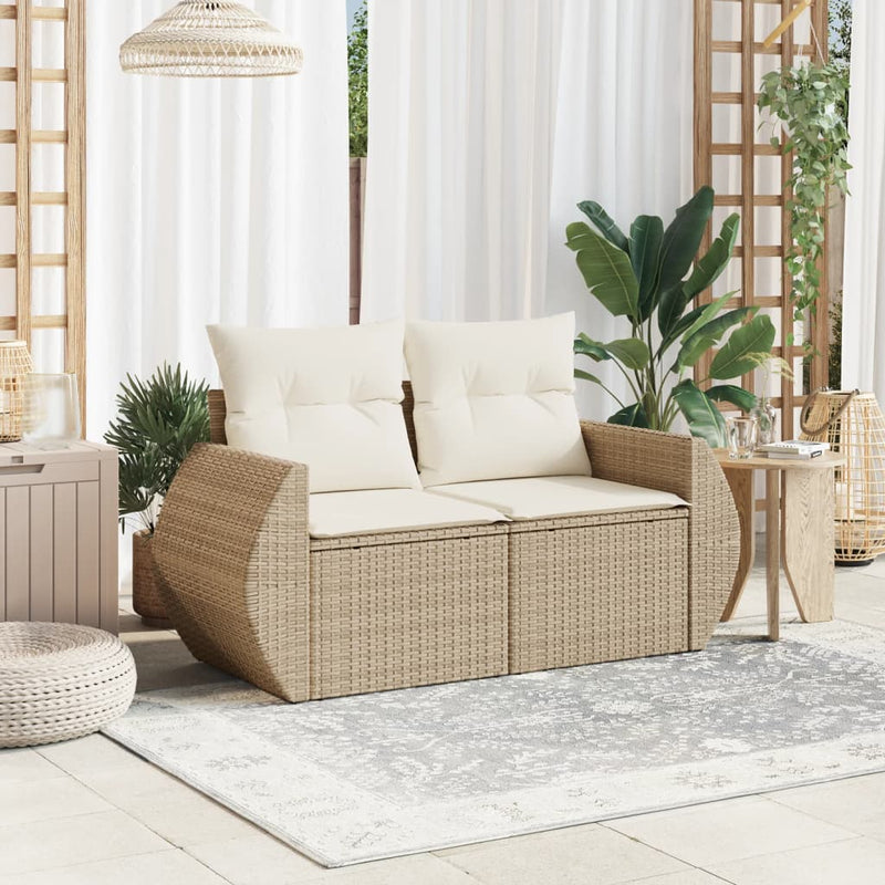 Gartensofa mit Kissen 2-Sitzer Beige Poly Rattan