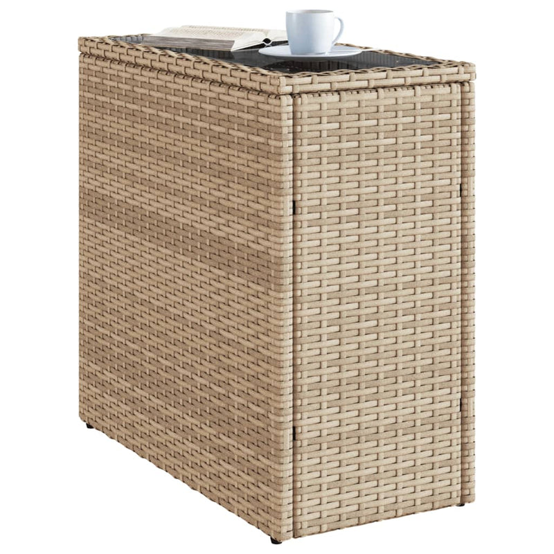 Garten-Beistelltisch Glasplatte Beige 58x27,5x55 cm Poly Rattan