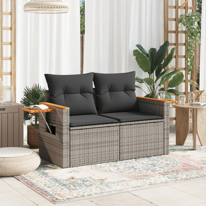 Gartensofa 2-Sitzer mit Kissen Grau Poly Rattan