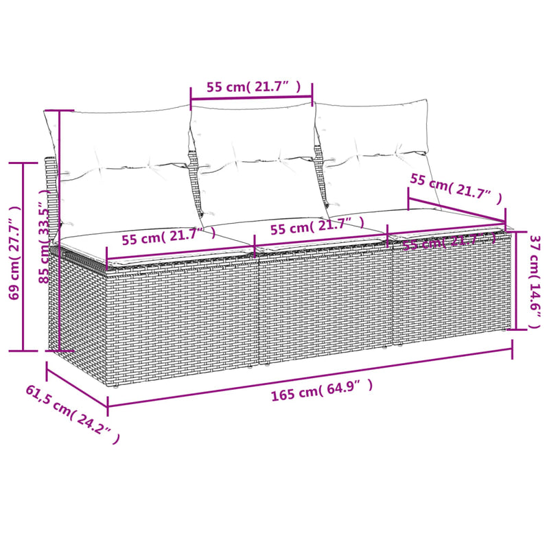Gartensofa mit Kissen 3-Sitzer Hellgrau Poly Rattan