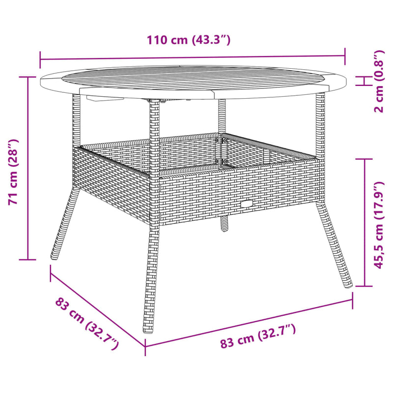 Gartentisch mit Holzplatte Schwarz Ø110x71 cm Poly Rattan