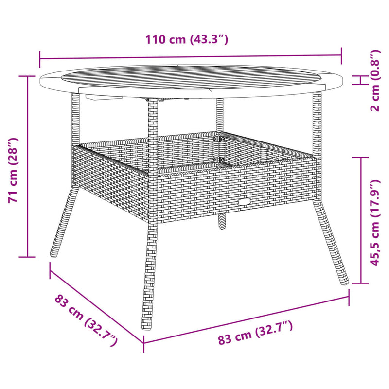 Gartentisch mit Holzplatte Grau Ø110x71 cm Poly Rattan