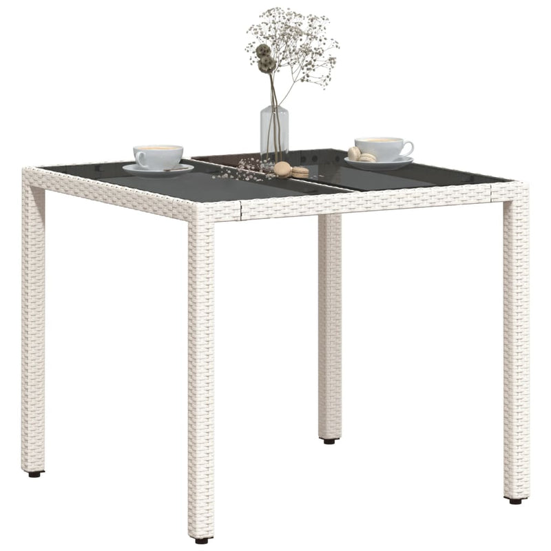 Gartentisch mit Glasplatte Weiß 90x90x75 cm Poly Rattan