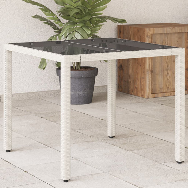 Gartentisch mit Glasplatte Weiß 90x90x75 cm Poly Rattan