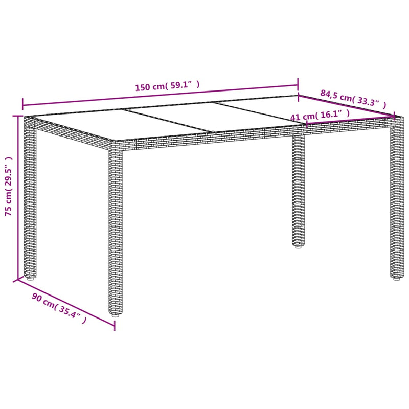 Gartentisch mit Glasplatte Weiß 150x90x75 cm Poly Rattan