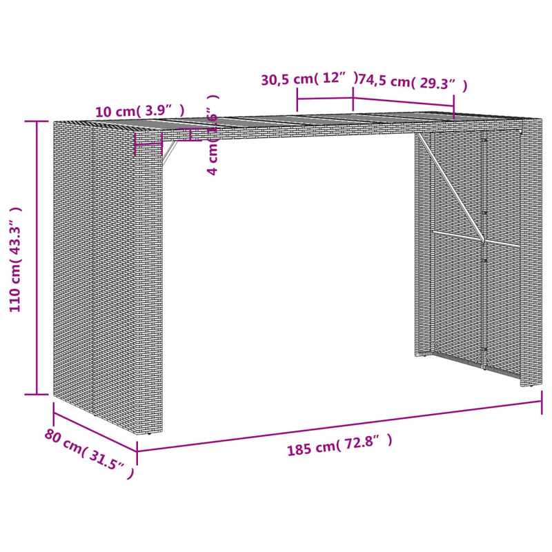 Gartentisch mit Holzplatte Grau 185x80x110 cm Poly Rattan