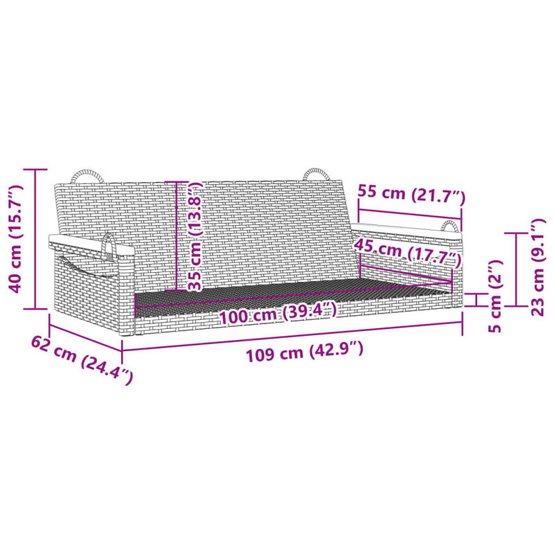 Hängebank Grau 109x62x40 cm Poly Rattan