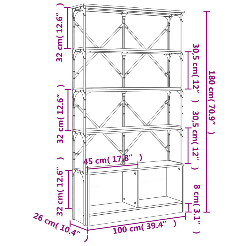 Bücherregal Räuchereiche 100x26x180 cm Holzwerkstoff und Metall