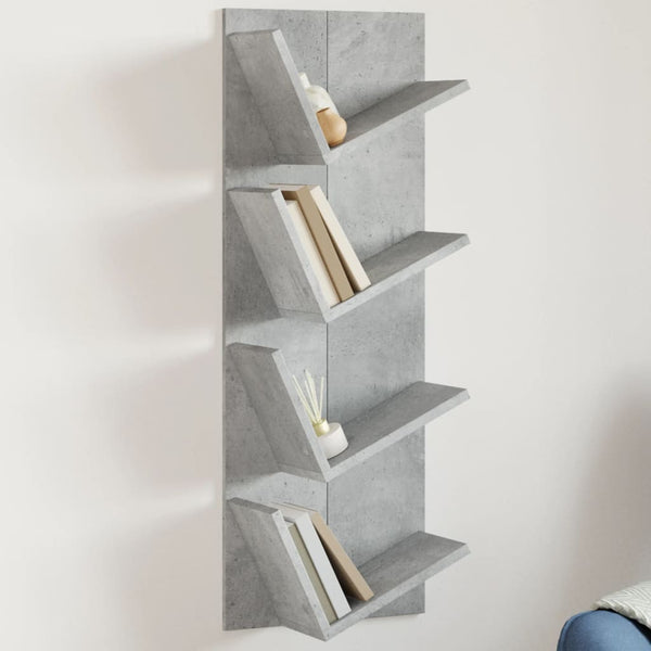 Wand-Bücherregal mit 4 Fächern Betongrau 33x16x90 cm