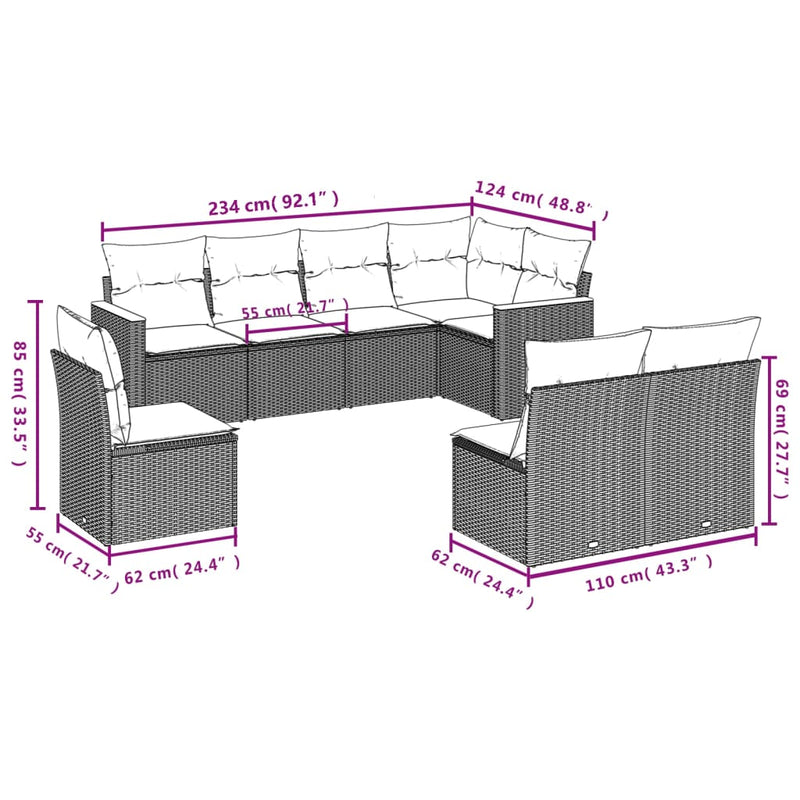 8-tlg. Garten-Sofagarnitur mit Kissen Schwarz Poly Rattan