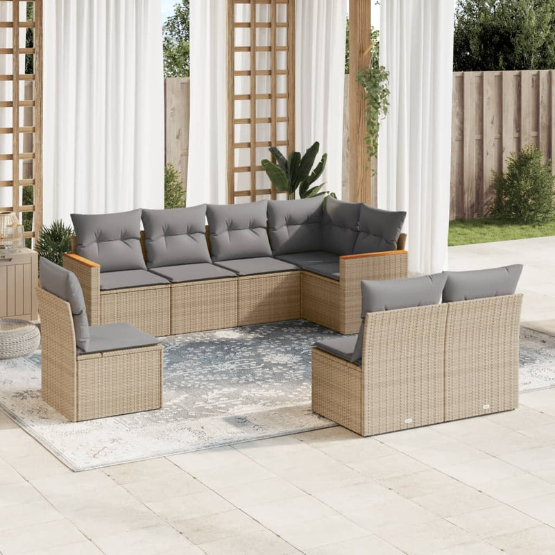 8-tlg. Garten-Sofagarnitur mit Kissen Beige Poly Rattan