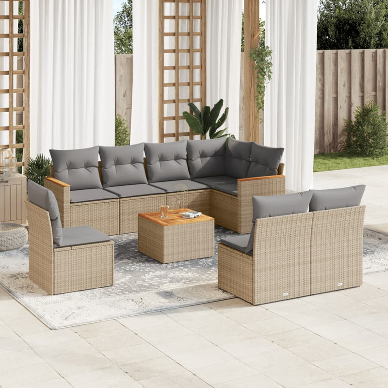 9-tlg. Garten-Sofagarnitur mit Kissen Beige Poly Rattan