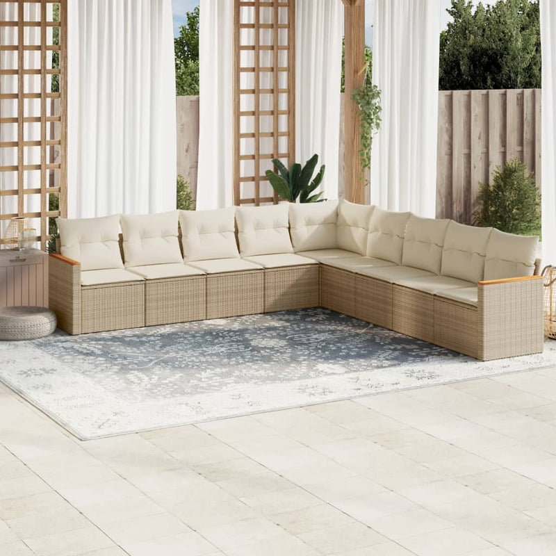 9-tlg. Garten-Sofagarnitur mit Kissen Beige Poly Rattan